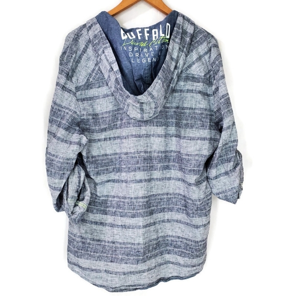 Buffalo David Bitton Linen Roll Tab Sleeve Hooded Quarter Button LS Shirt SZ L - Picture 2 of 13